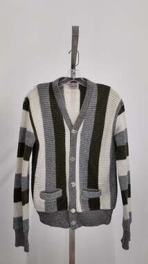 Vintage 60s Orlon by Campus Striped Knit Cardigan - Green/Grey/White